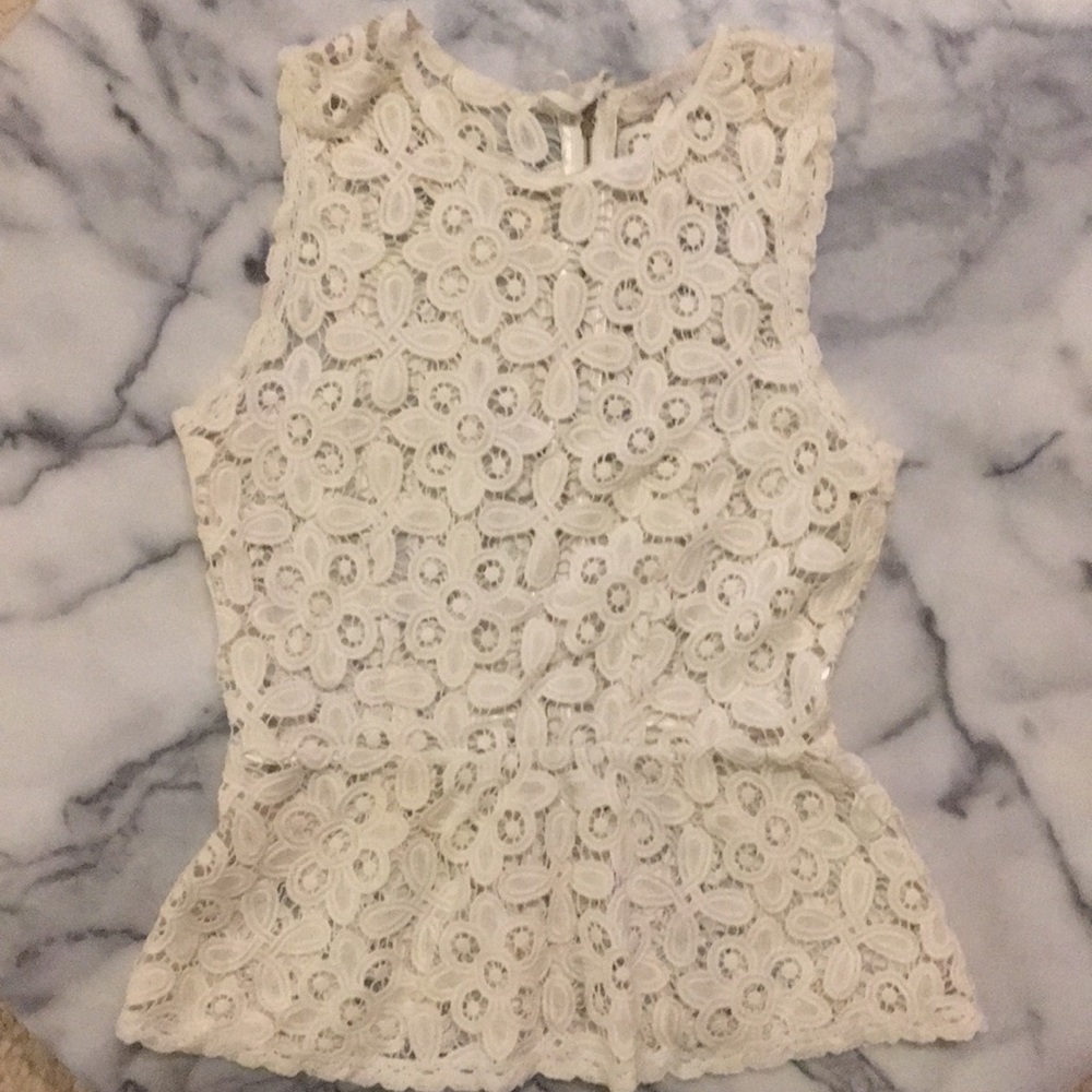 Lace Intermix top with zipper and grosgrain tie.